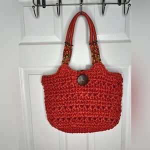 Cappelli Orange Coral Straw Bag Beaded Accent Boho Beach Vacation